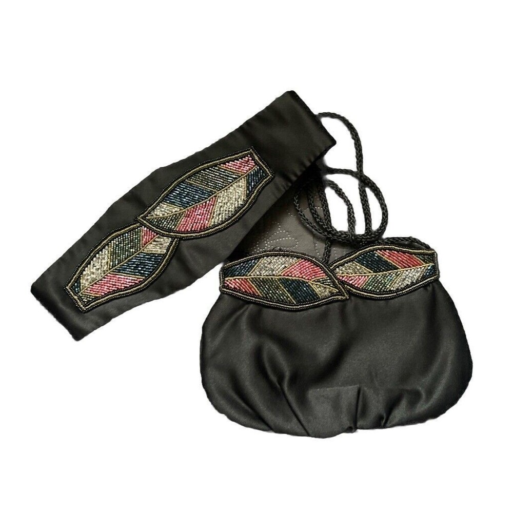 VTG Handmade Black Multicolor Beaded Purse & Matching Sash Belt Waist SZ 27”-33”